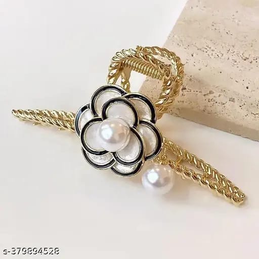 GLIMM Flower Metal Gold Hair Claw Clips with White Pearl Elegant Design Non-Slips Large Hair Clamp Clips for Women Hair Accessories Camellia Hair Barrette Ornaments set of 1