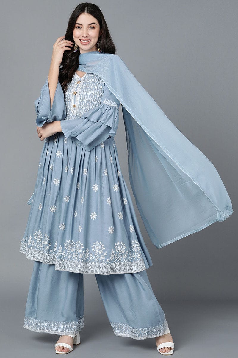 Women Blue Poly Silk Embroidered Kurta Sharara With Dupatta PKSKD1482