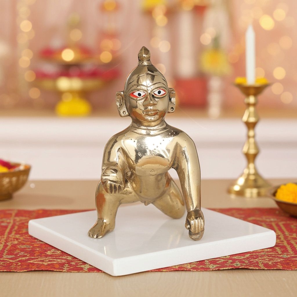 Brass Laddu Gopal God Idol Statue - Handcrafted Krishna Murti, Height : 7 Inch (BSMAS871 E)