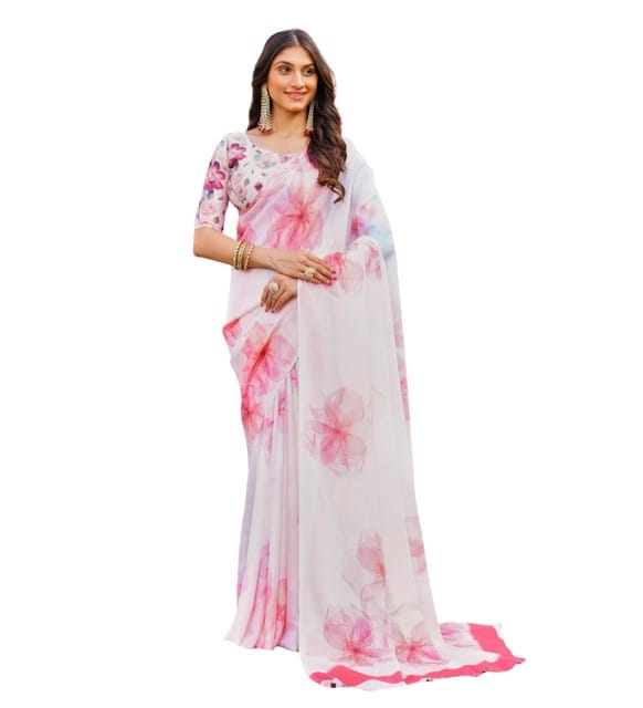 Generic Women's Georgette Floral Printed Saree with Unstitched Blouse Piece, Soft Lightweight 5.5 m Sari for Daily, Office and Wear (Off White-Pink, Design 67625)