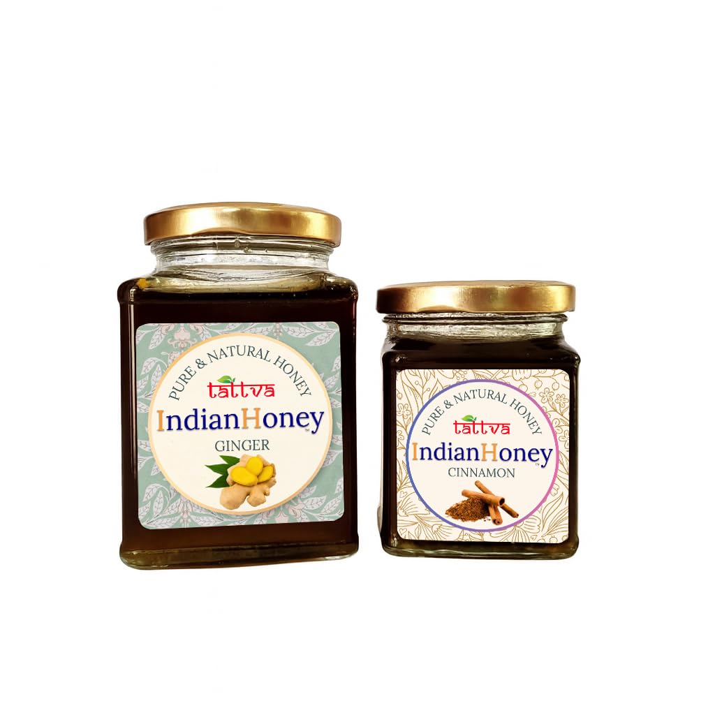 IndianHoney Warming & Anti-Inflammatory Ginger Infused Honey & Metabolic & Warming Cinnamon Infused Honey Combo Pack (500gm & 230gm) Ginger & Cinnamon