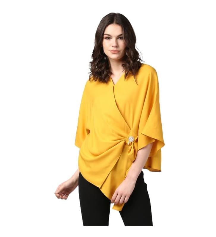 Women's Polyester Solid Cape Sleeve Top (Yellow, M)-PID55896