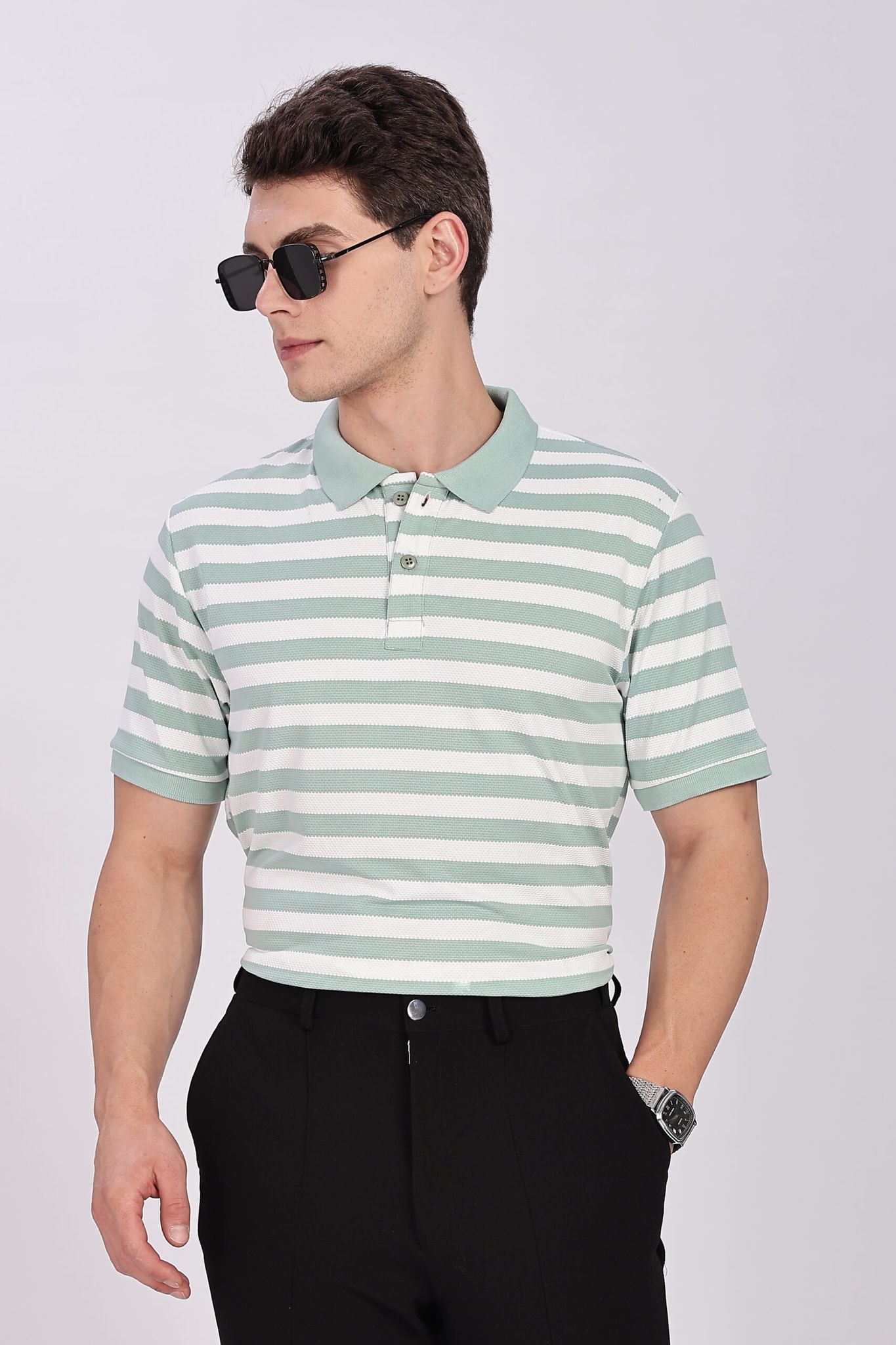 Puff Cotton Green & White Striped Polo