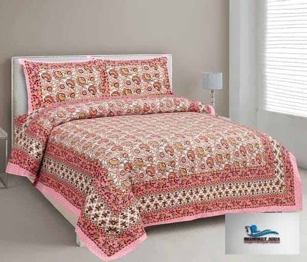 3001-Hometrade India-Standard King Size (90*108 Inches)-Pure Cotton Jaipuri Double Bedsheet With Matching Pillow Cover