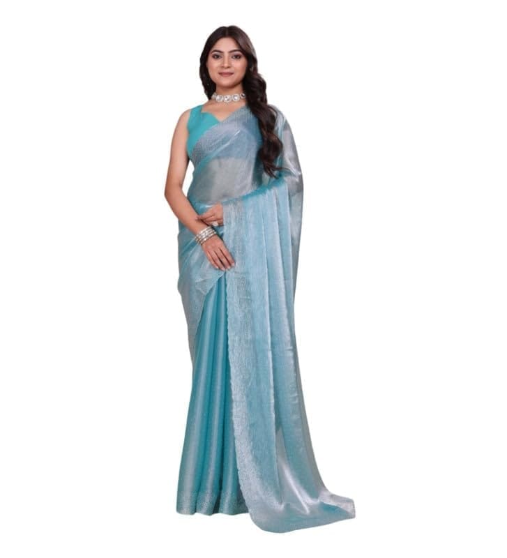 Women's Poly Silk Embellished Bollywood Saree With Unstitched Blouse 5.5Mtr (Light Blue)-PID62026