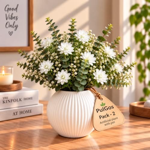 Artificial Green & White Flower Plant with Small Pot-20 cm
