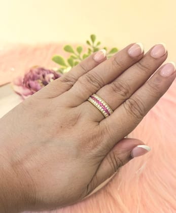 Smitam Jewels Ruby Radiance Band Pink Stone Crystal Brass Adjustable Ring