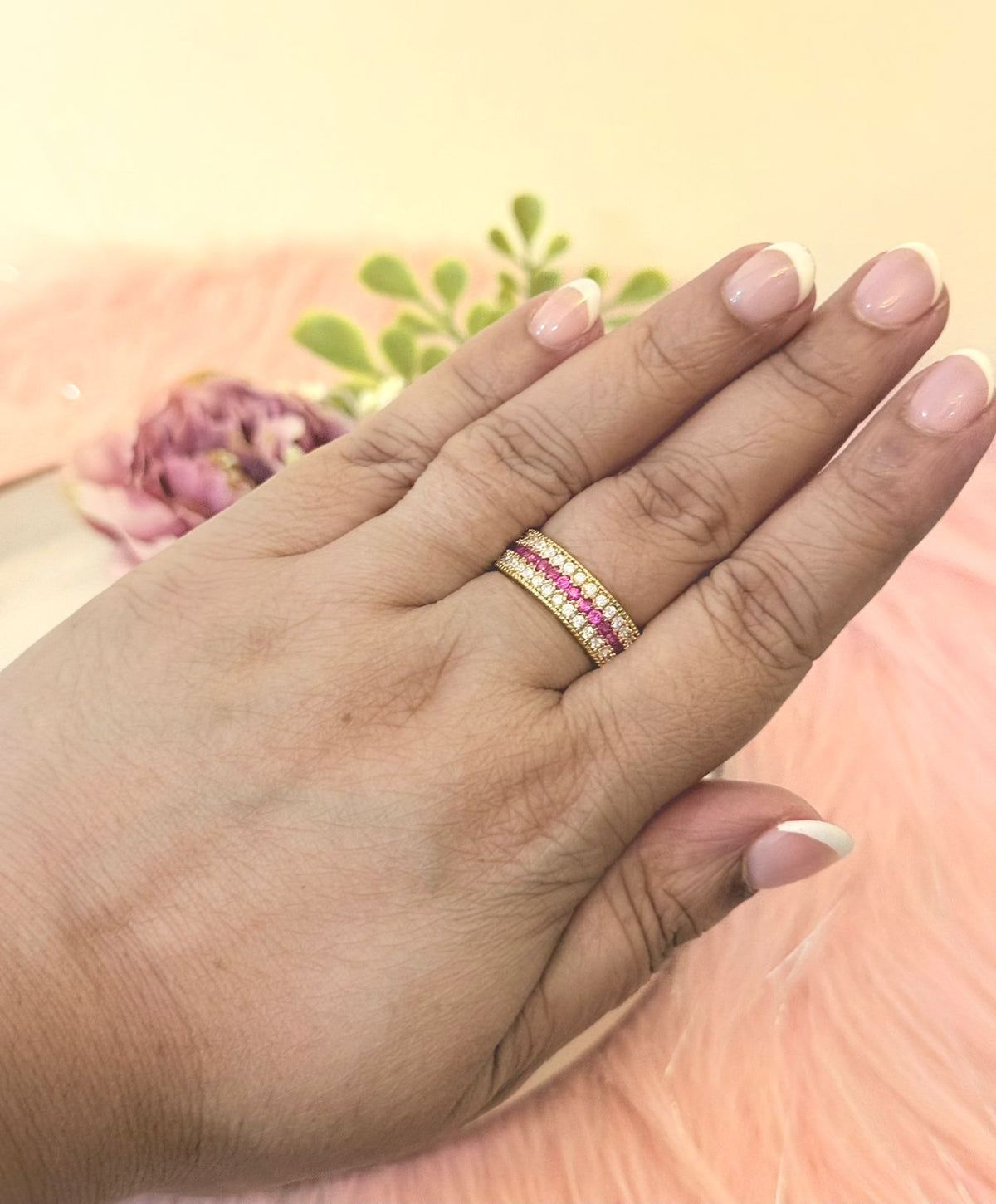 Smitam Jewels Ruby Radiance Band Pink Stone Crystal Brass Adjustable Ring
