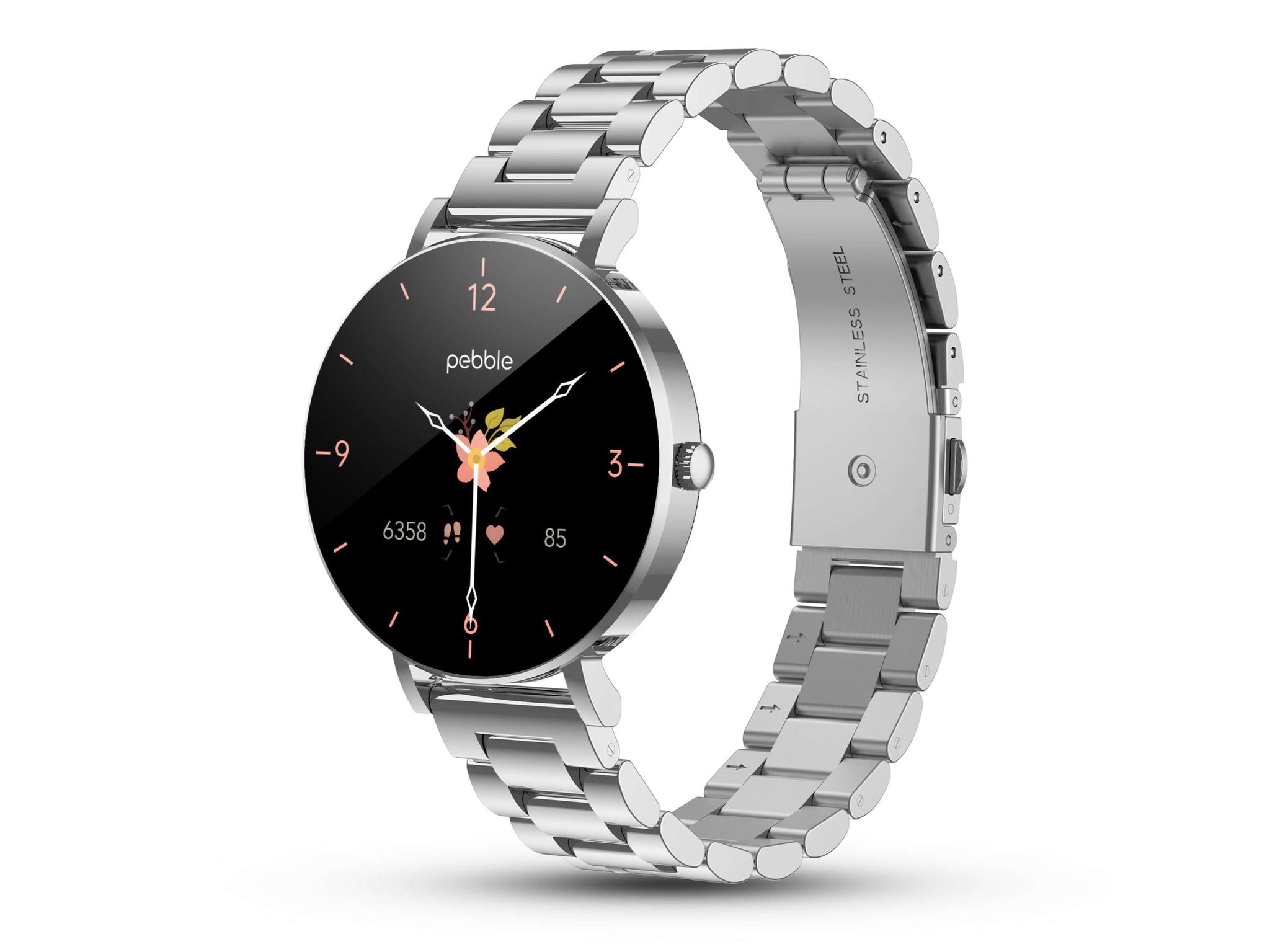 Pebble Eve 1.19 Ultra AMOLED Display (700 Nits), Bluetooth Calling, Female Health Tracker, Stainless Steel Strap, IP67, DIY Faces, Smart Watch - Classic Silver