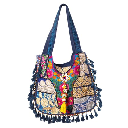PREET SPICE Handwork Cotton Rope Crossbody Handbag, Bohemian Patchwork Embroidered Tote, Blue Summer Beach Shoulder Handbag for Women, Ladies PREET SPICE Handwork Cotton Rope Crossbody Handbag, Bohemian Patchwork Embroidered Tote, Blue Summer Beach Shoulder Handbag for Women, Ladies