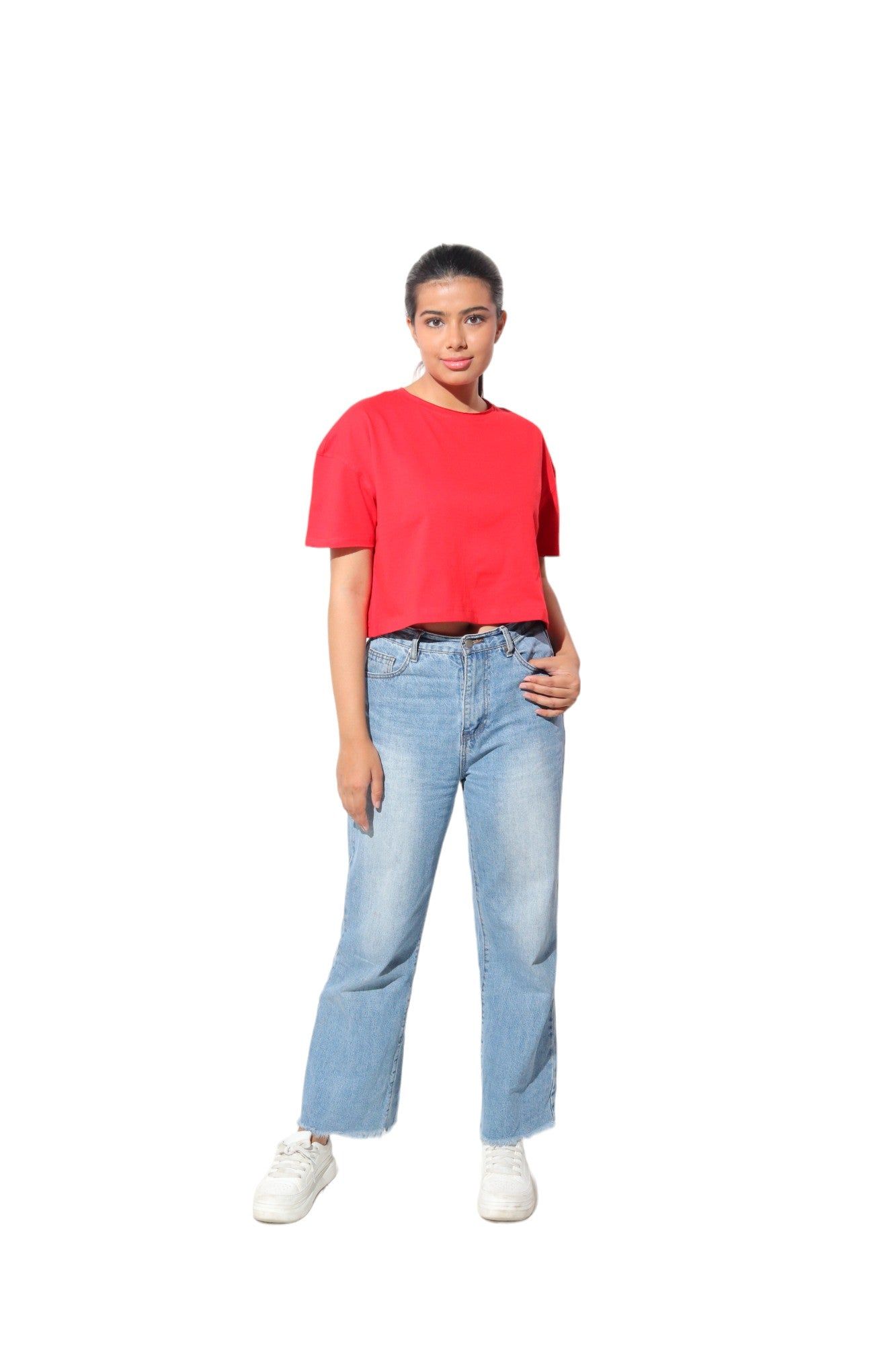 Kinnko Premium Cotton Womens Red Solid Crop T-Shirt Plain