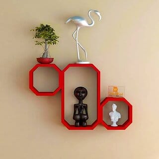Onlinecraft Wall Rack Shelf Wooden Wall Shelf (Number Of Shelves - 3, Red)