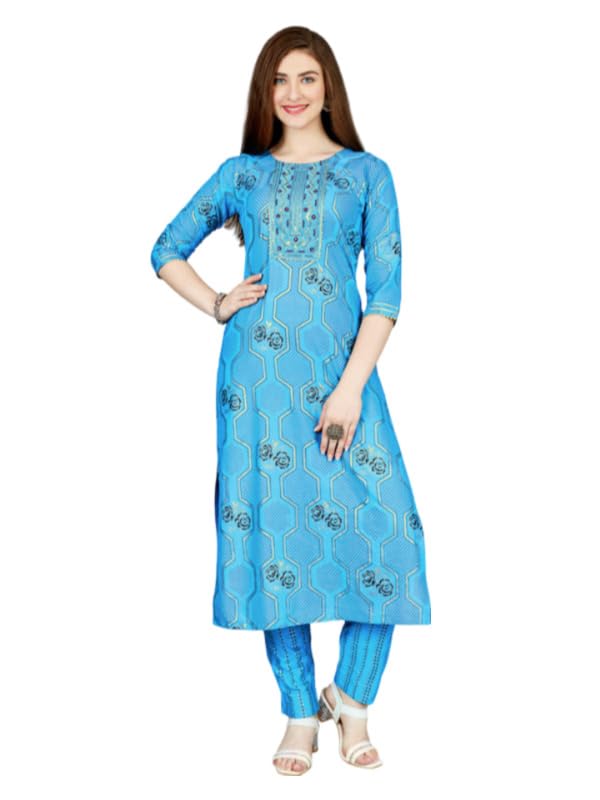 Women's Casual 3-4 th Sleeve Embroidery Rayon Kurti Pant Set (Light Blue, M)-PID50282