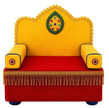 Patitapaban Laddu Gopal Cushioned Sofa Cum Sinhasan with 2 Pillows | Wooden All Purpose Chowki (Yellow, Red, Gold, Pack of 1)