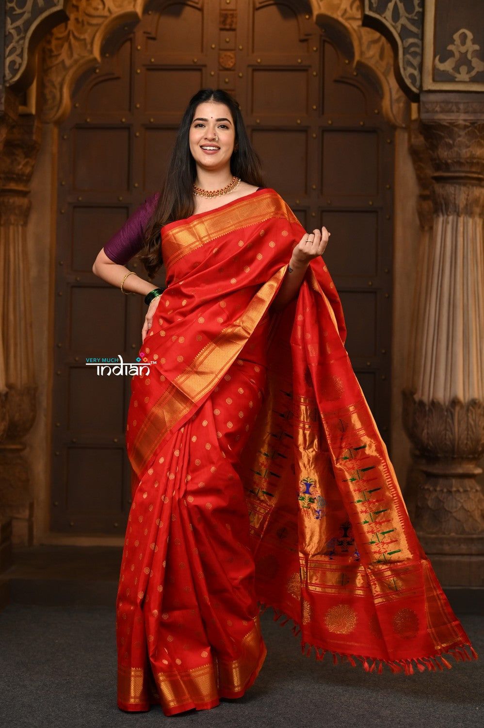Parampara  Revival ~ Handloom Pure Silk Maharani Paithani with Majestic Maharani Pallu in Bright Red