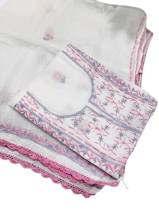 Tulip Handcrafted Kota Doria Unstitched Suit Fabric with Intricate Embroidery � White Base with Pink & Blue Floral Work Tulip Handcrafted Kota Doria Unstitched Suit Fabric with Intricate Embroidery � White Base with Pink & Blue Floral Work