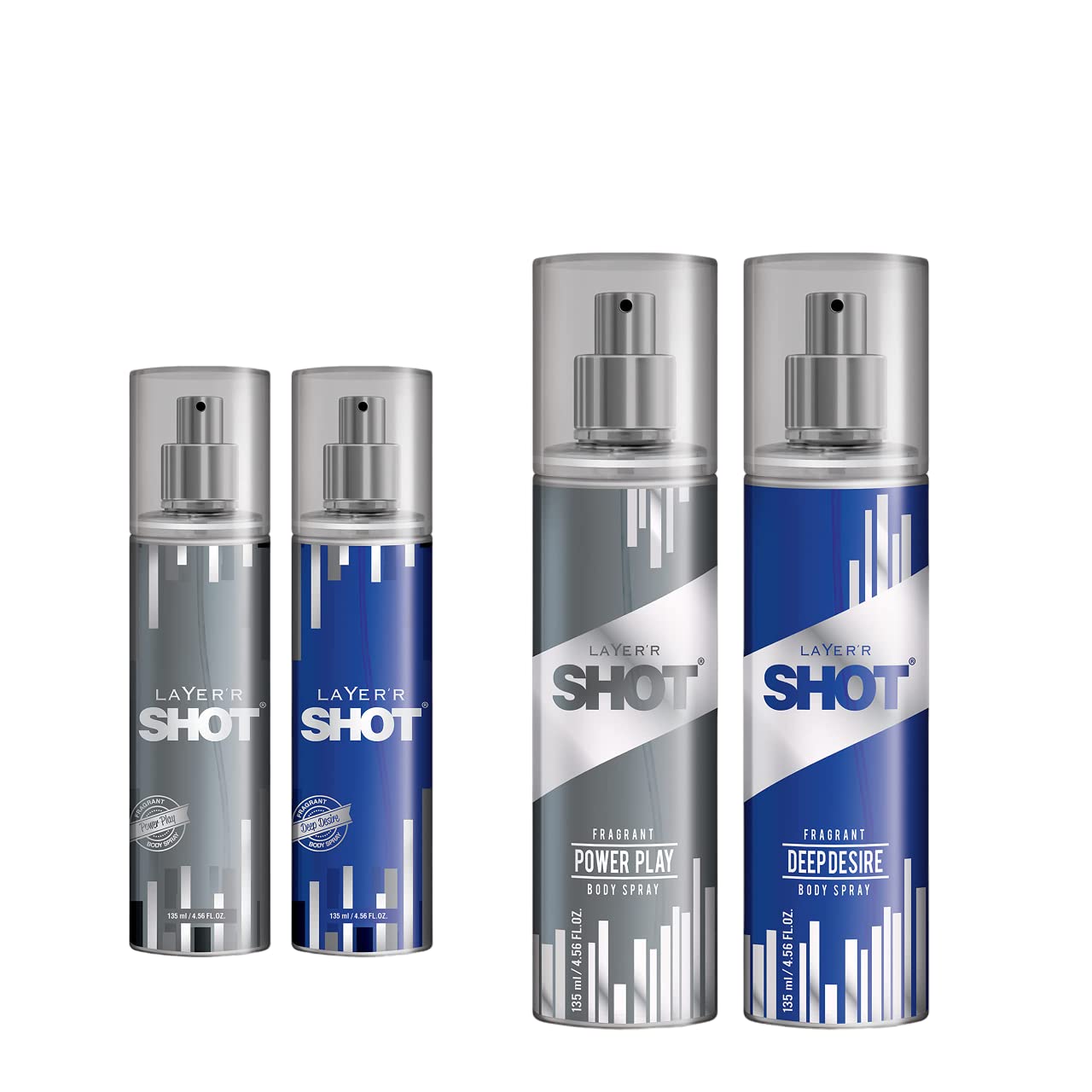 LAYER'R SHOT Best Silver Combo For Men - 2 x 135ml | Long-Lasting Power Play & Deep Desire Body Spray | Premium Fragrance With Woody & Herbaceous Scent | Ideal for Body & Clothes | Perfect For Men