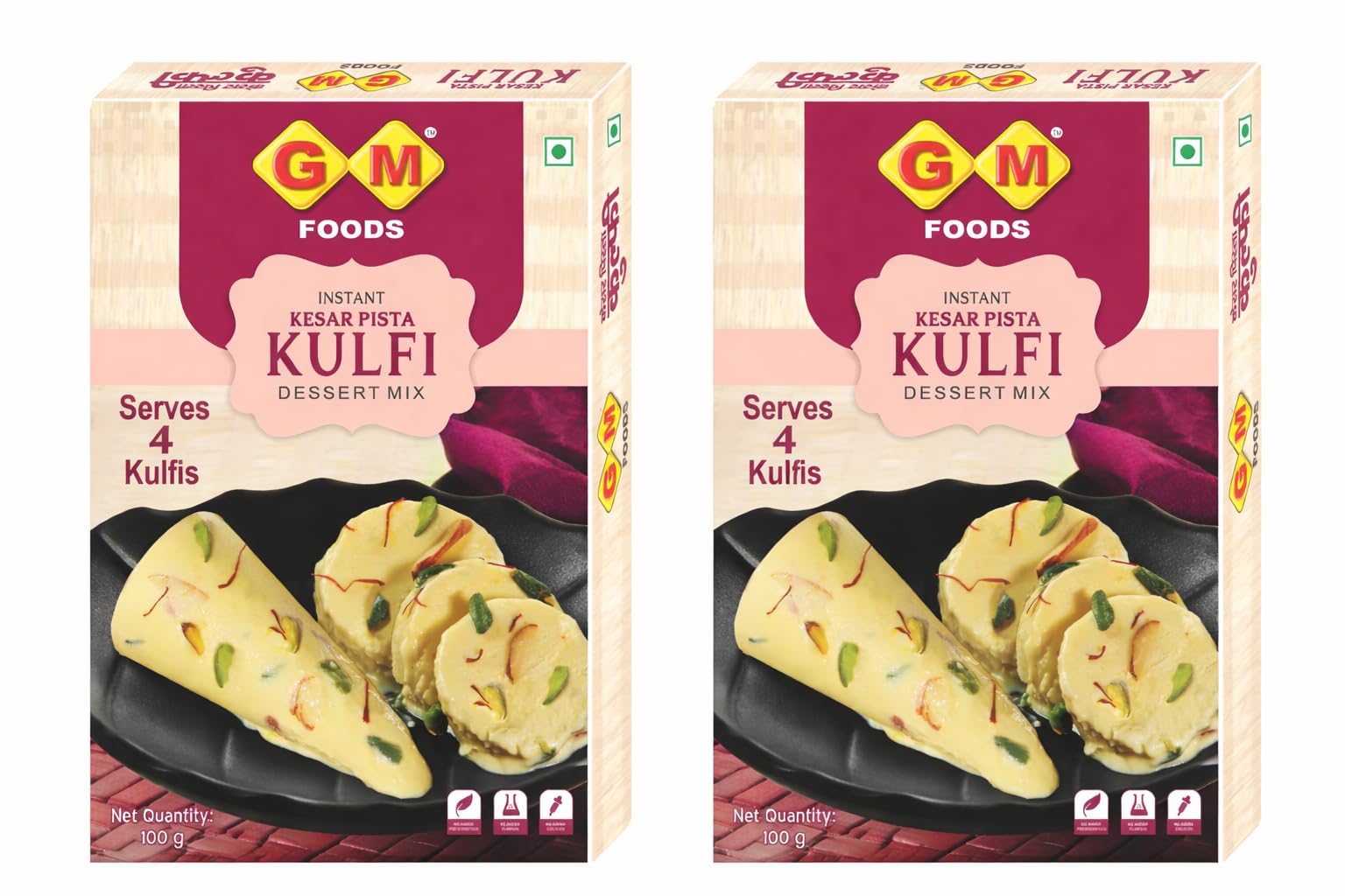 GM Foods Instant Kesar Pista Kulfi Dessert Mix Powder 100 Gram (Pack of 2) | Flavoured Milk Powder | With Badam & Pista Bits | Natural Taste & Flavour Ice Cream | No Artificial Colour & Preservatives