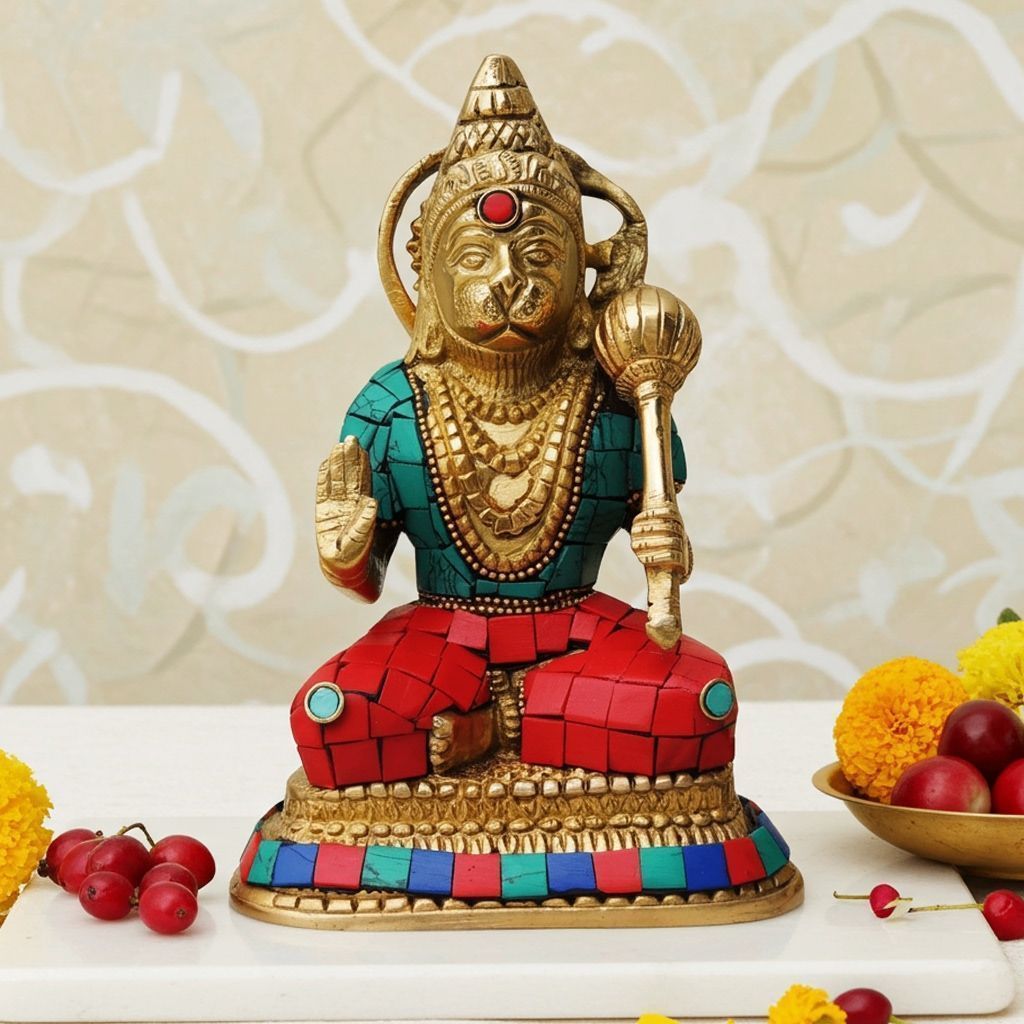 Brass Hanuman Ji Idol With Turquoise Coral Stone Work - Tibetan Finish, Height : 6.5 Inch (BSMAS433)