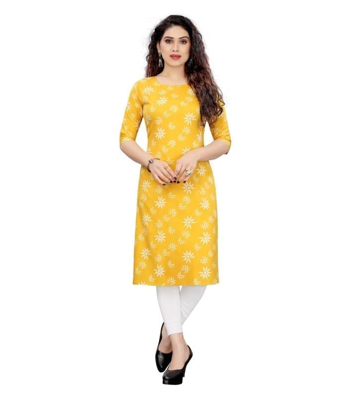 Women's Casual 3/4th Sleeve Printed Crepe Kurti (Yellow, S)-PID46177