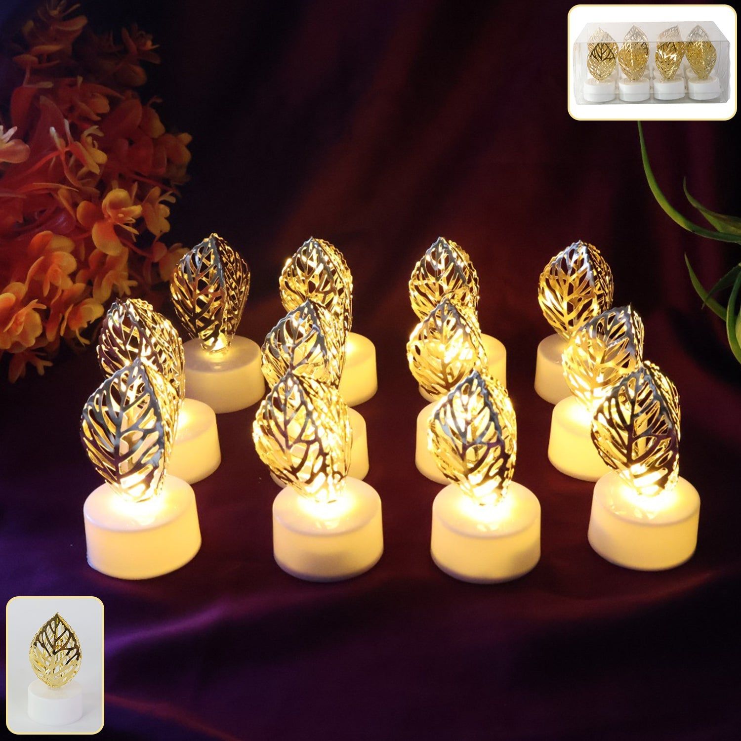 Decorative Golden Leaf Shaped Flameless LED Candles (12 Pc)