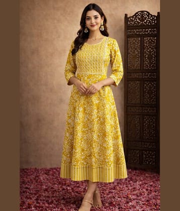 Aarika Women Cotton Blend Embroidered Fit & Flare Dress ( Olive )