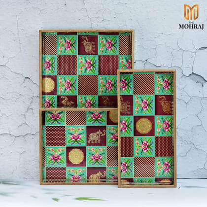 The Mohraj Rajasthani Wooden Rectangular MDF Trays with Resin Finish Set of 3 The Mohraj Rajasthani Wooden Rectangular MDF Trays with Resin Finish Set of 3