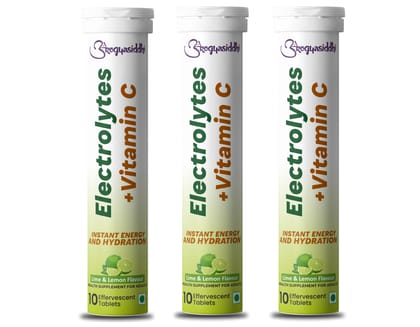 Electrolytes with Vitamin C for Instant Energy and Hydration, Lime&Lemon Drink, 10 Effervescent Tablets - Pack of 3
