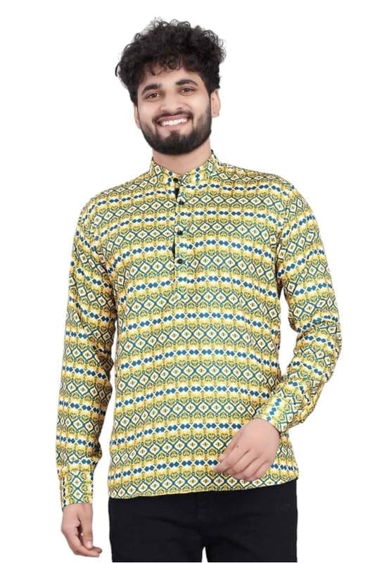 Men's Cotton Blended Printed Full Sleeve Shortkurta (Multicolor, XL)-PID53475