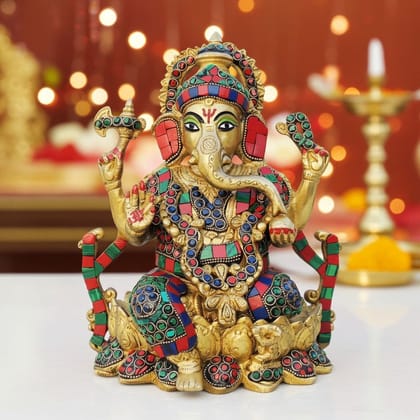 Brass Showpiece Ganesh Stone God Idol Statue (BSMAS1630 D)