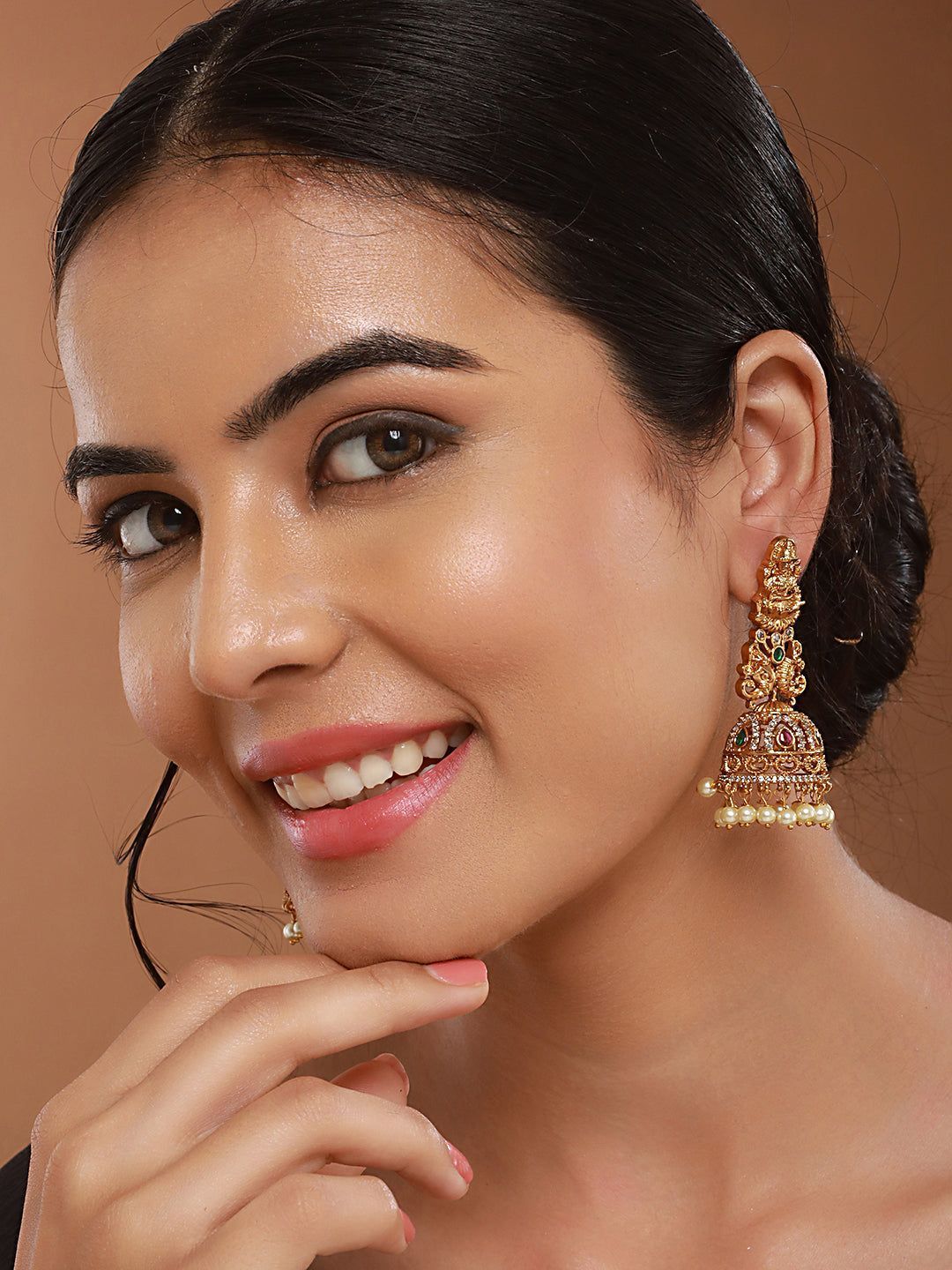 Gold Matt Polish Zircon Studded Lakshmiji Motif Designer Danggling Earring