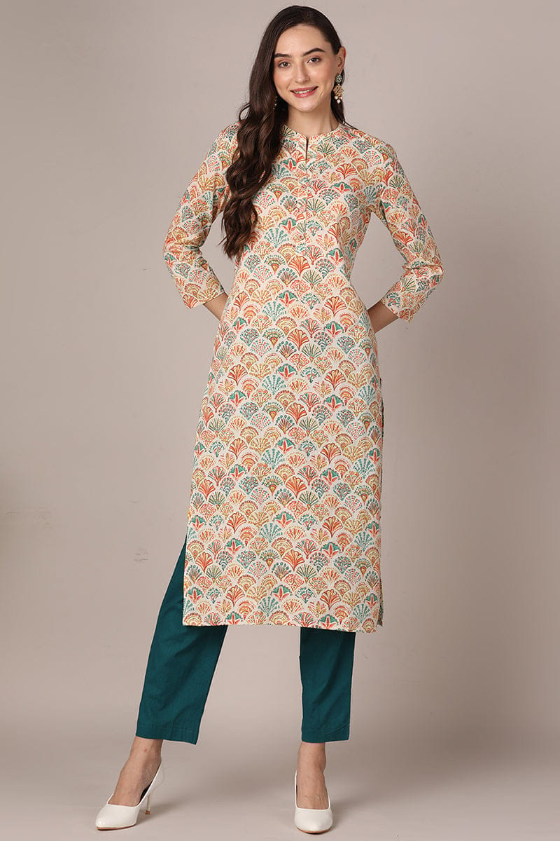 Plus Size White Cotton Ethnic Motifs Printed Straight Kurta VCK9619