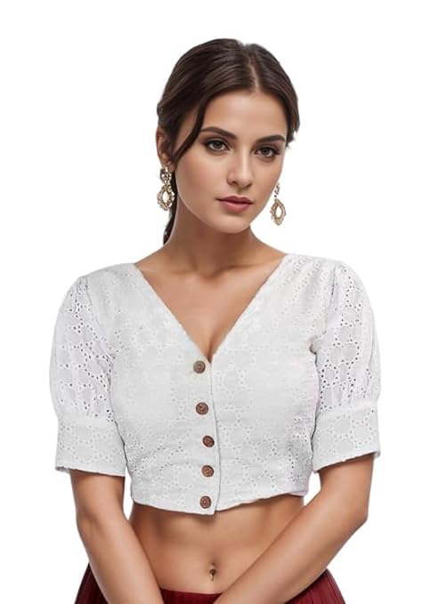 Women's Trending Pure Cotton Hakoba Blouse with V nack & Puff Sleeve Padded