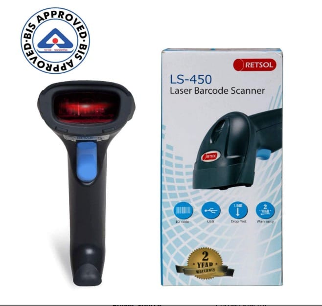 RETSOL LS 450 Laser Barcode Scanner BIS Approved Handheld 1D USB Wired Barcode Reader Optical Laser High Speed for Warehouse Supermarket POS (Pack of 1, Black)