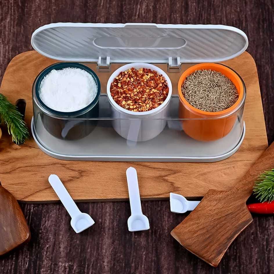 Home Kitchen 3 Grid Seasoning Spice or Masala Box Kit with Spoon