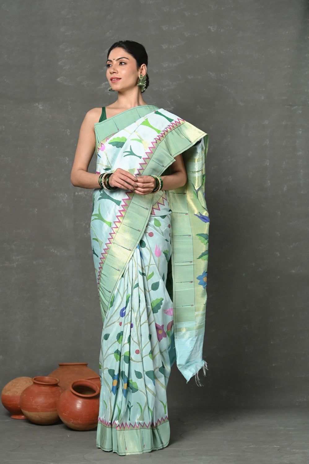 Premium! Masterpiece Handloom Powder Blue All Over Pure Silk Paithani Saree (3 months weaving)