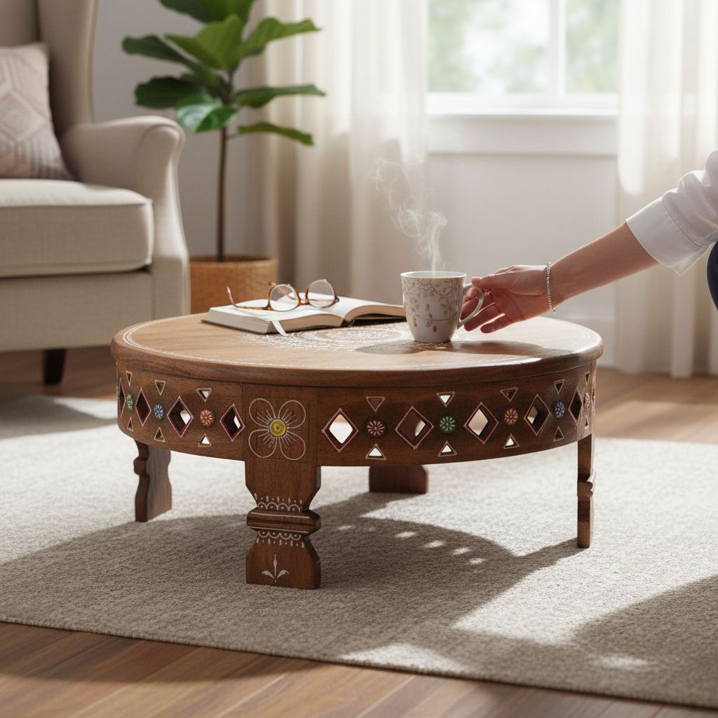 Attractive Wooden Hand Painted Round Chowki Table,Pooja Decor