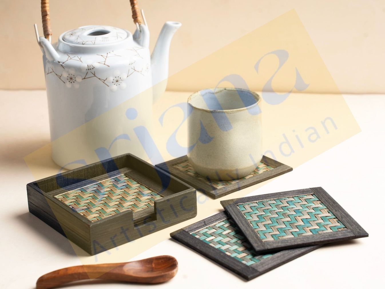 Srjana Handcrafted Handwoven Bamboo Coaster Set with Wooden Case