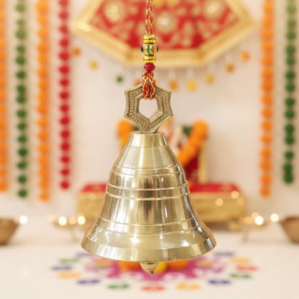Brass Hanging Small Temple Bell Ghanti | Small Brass Ghanti | Hindu Temple Bell for Pooja Room, Height : 3 Inch (ZMAS662 E)