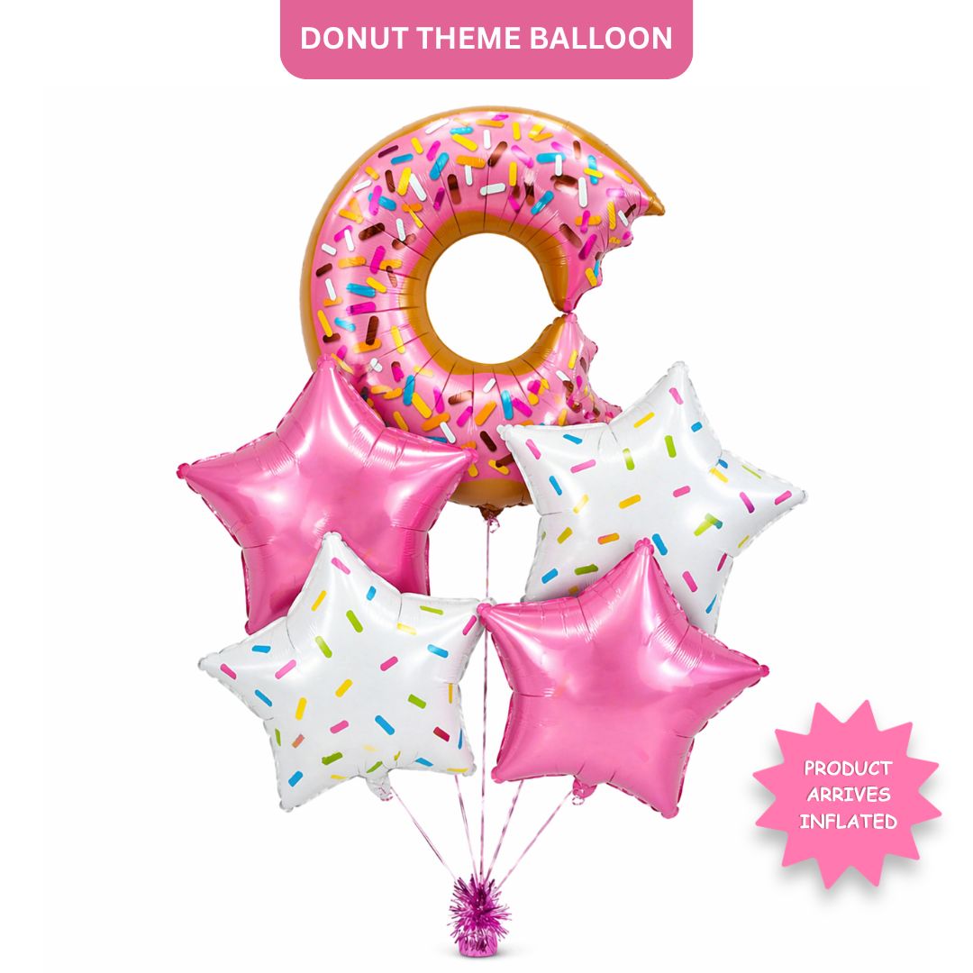 Donut Theme Helium Balloon Set of 5 (Donut Balloon + 2 Sprinkled Star + 2 Pink Star Balloons) | Pre-Inflated & Delivered | Kids Birthday Decoration