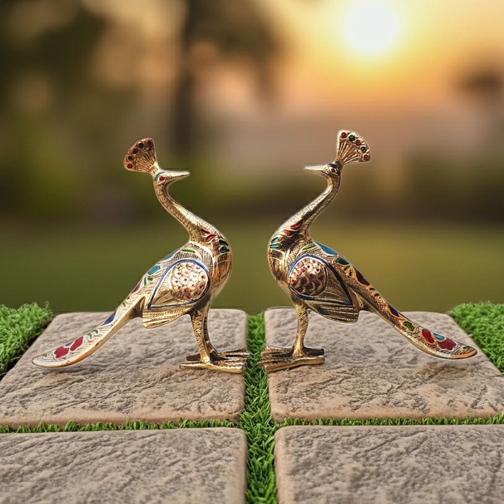 Traditional Brass Peacock Pair Showpiece – Handcrafted Art, Height : 7.2 Inch (ANMAS252 A)