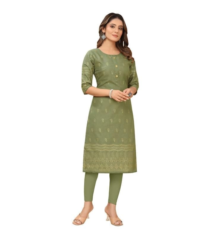 Women's Casual 3/4th Sleeve Foil Gold Printed Ruby Cotton Kurti (Green, L)-PID46110