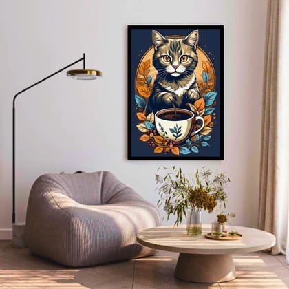 Luminary Café Whiskers – Cozy Cat Espresso Museum-Quality Cotton Canvas Art for Kitchen Décor | Frame Size (69 X 97 Cm) | Frame Type (Black) | 5-Year Warranty