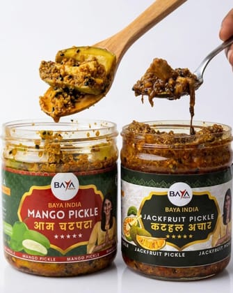 Baya India Mango & Jackfruit Pickle Combo | Homemade Aam aur Kathal ka Achar | Tangy & Flavorful Pickle | Made with Mustard Oil | No Added Preservatives | No Garlic No Onion | 350g each Baya India Mango & Jackfruit Pickle Combo | Homemade Aam aur Kathal ka Achar | Tangy & Flavorful Pickle | Made with Mustard Oil | No Added Preservatives | No Garlic No Onion | 350g each