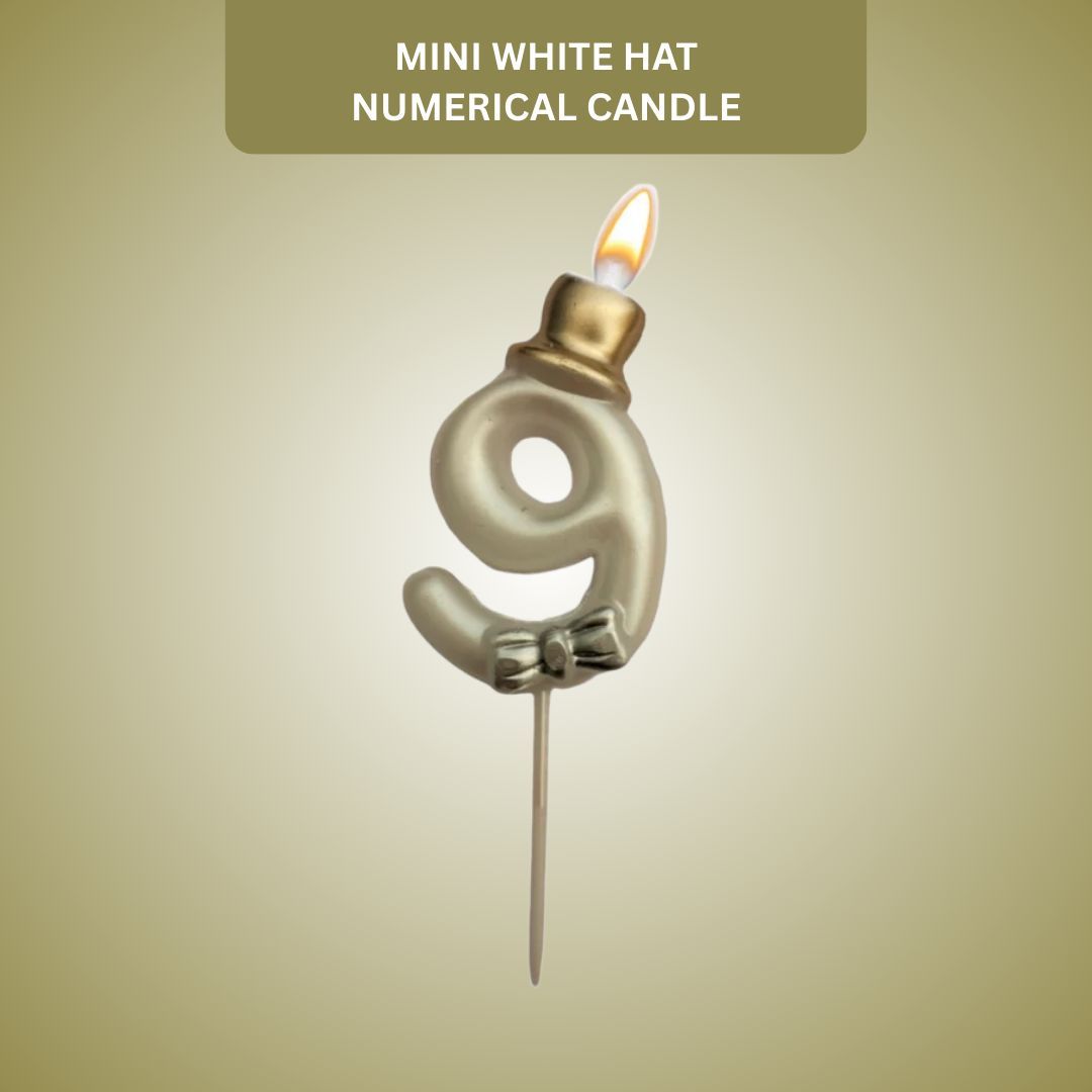 Metallic White Numerical Candle 9 with Golden Hat