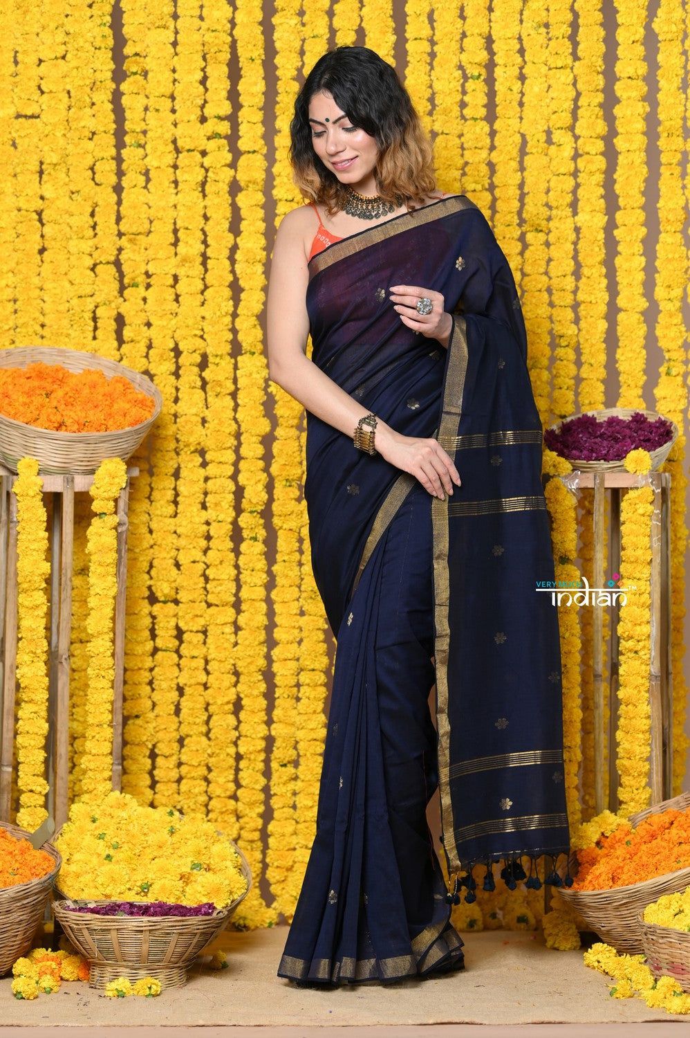 Rajsi~Designed by VMI! High Quality Comfortable Cotton Handloom Woven Saree With Sleek Border in dark blue