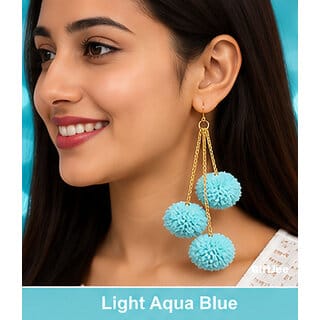 GiftJee Handmade Aqua Blue Pom Pom Earrings for Women  Girls  Lightweight Boho Tassel Fashion Jewelry