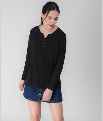 vivient Women Cotton Blend Solid Regular Fit Henley Neck T-Shirt ( Black )