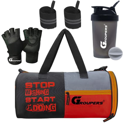 GROUPERS SWSD Duffel Bag l Gym Bags lWrist Band Support l Gym Gloves l Gym Shaker Bottle-400 ML (Black) GROUPERS SWSD Duffel Bag l Gym Bags lWrist Band Support l Gym Gloves l Gym Shaker Bottle-400 ML (Black)