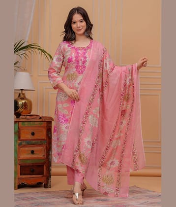 ANNEIV Women Rayon Embroidered Straight Kurti With Pants ( Peach )